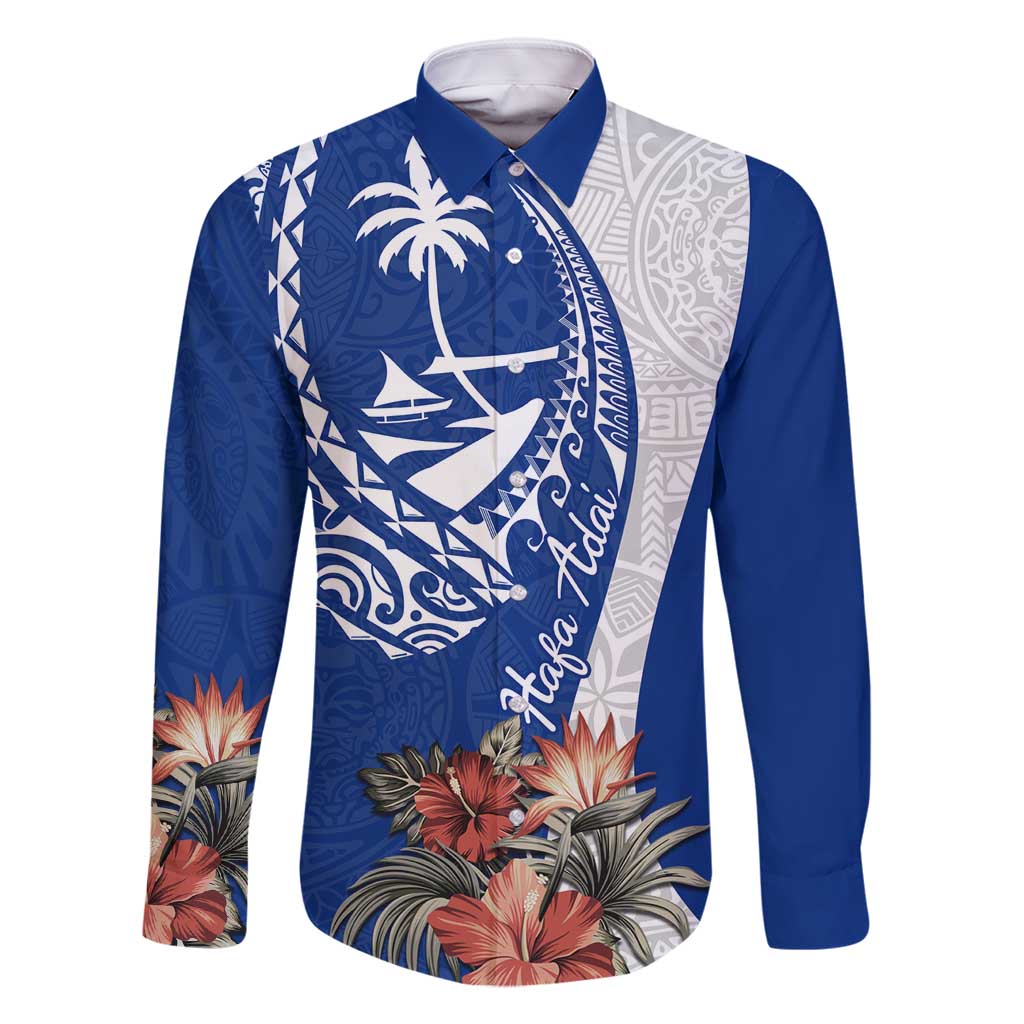 Blue Guam Hafa Adai Family Matching Off Shoulder Short Dress and Hawaiian Shirt Tropical Flowers with Polynesian Pattern LT9 Dad's Shirt - Long Sleeve Blue - Polynesian Pride