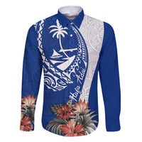Blue Guam Hafa Adai Family Matching Off Shoulder Short Dress and Hawaiian Shirt Tropical Flowers with Polynesian Pattern LT9 Dad's Shirt - Long Sleeve Blue - Polynesian Pride