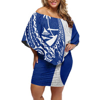 Blue Guam Hafa Adai Family Matching Off Shoulder Short Dress and Hawaiian Shirt Tropical Flowers with Polynesian Pattern LT9 Mom's Dress Blue - Polynesian Pride