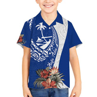 Blue Guam Hafa Adai Family Matching Off Shoulder Short Dress and Hawaiian Shirt Tropical Flowers with Polynesian Pattern LT9 Son's Shirt Blue - Polynesian Pride