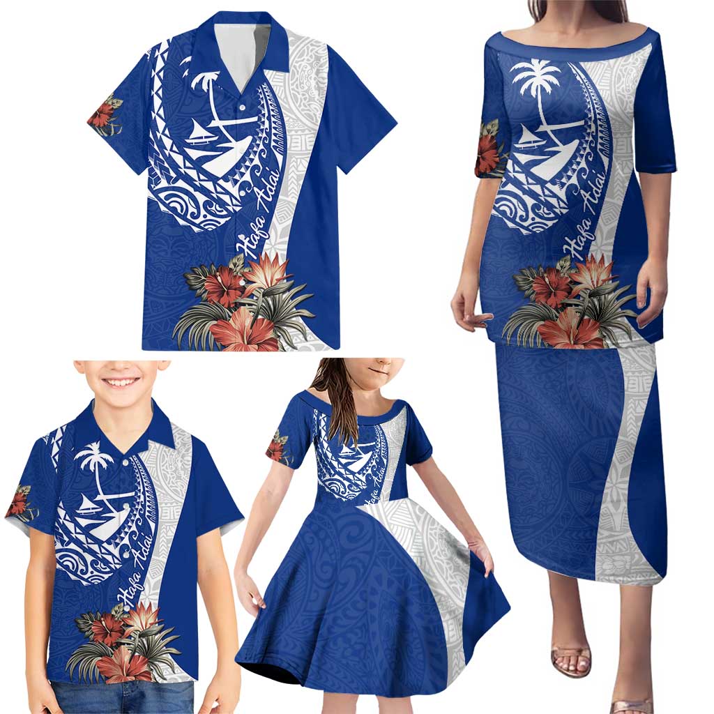 Blue Guam Hafa Adai Family Matching Puletasi and Hawaiian Shirt Tropical Flowers with Polynesian Pattern LT9 - Polynesian Pride
