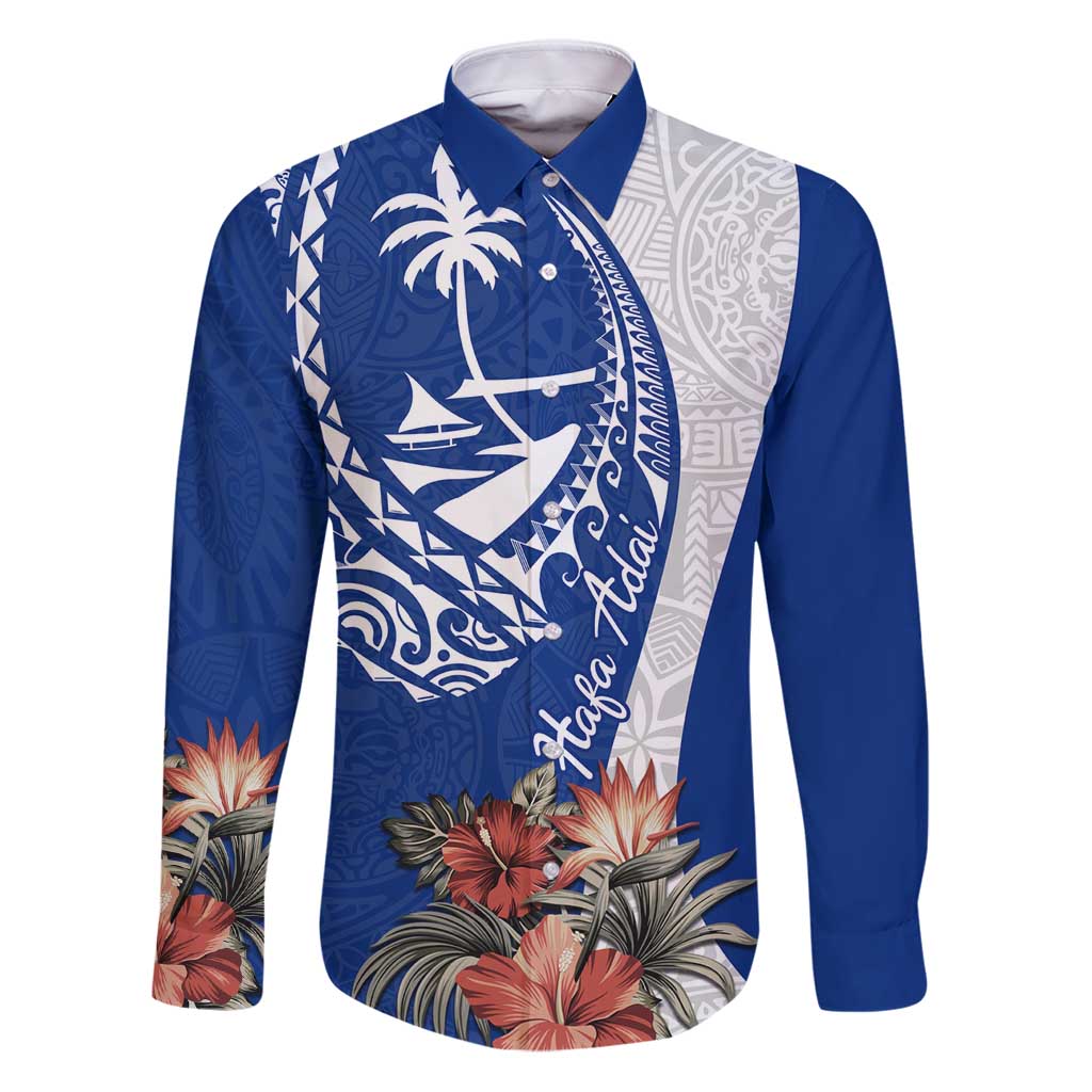 Blue Guam Hafa Adai Family Matching Puletasi and Hawaiian Shirt Tropical Flowers with Polynesian Pattern LT9 Dad's Shirt - Long Sleeve Blue - Polynesian Pride