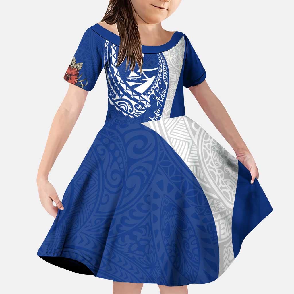 Blue Guam Hafa Adai Family Matching Short Sleeve Bodycon Dress and Hawaiian Shirt Tropical Flowers with Polynesian Pattern LT9 Daughter's Dress Blue - Polynesian Pride