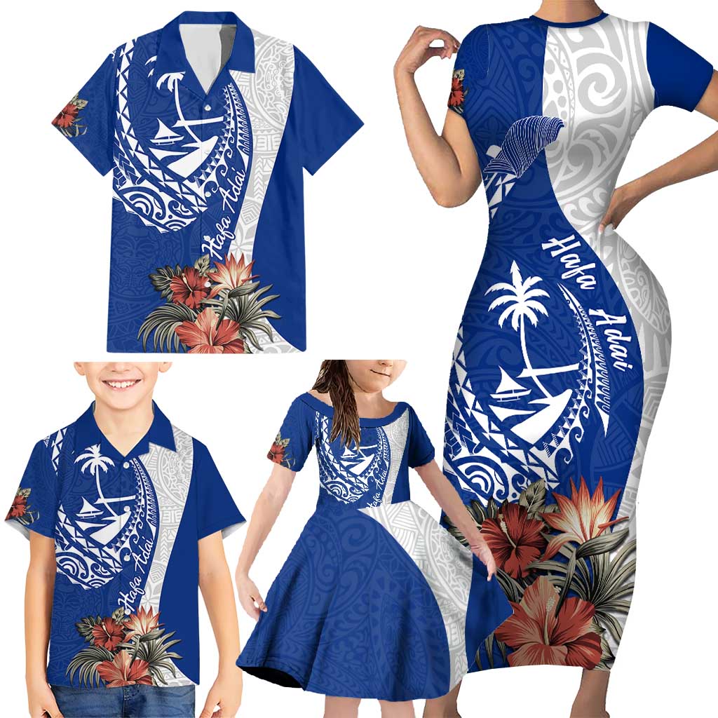 Blue Guam Hafa Adai Family Matching Short Sleeve Bodycon Dress and Hawaiian Shirt Tropical Flowers with Polynesian Pattern LT9 - Polynesian Pride