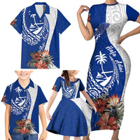 Blue Guam Hafa Adai Family Matching Short Sleeve Bodycon Dress and Hawaiian Shirt Tropical Flowers with Polynesian Pattern LT9 - Polynesian Pride