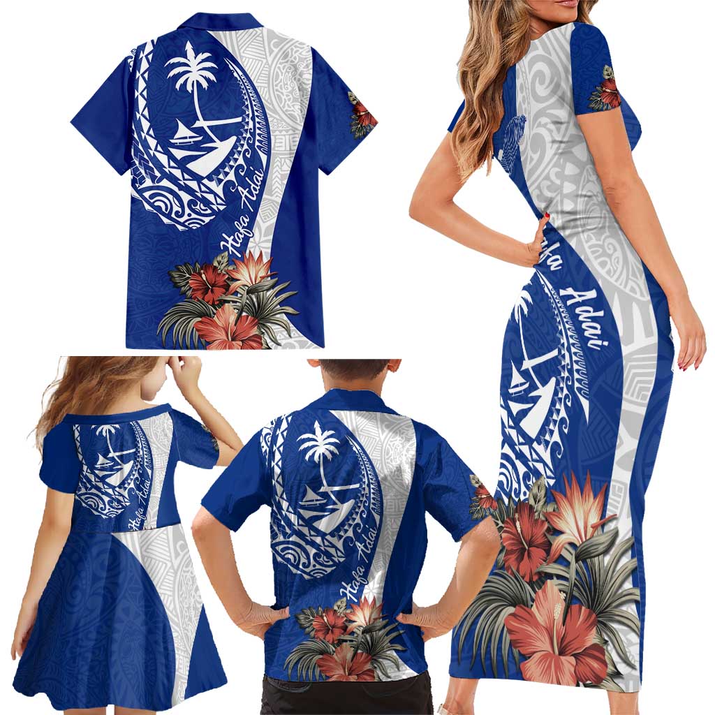 Blue Guam Hafa Adai Family Matching Short Sleeve Bodycon Dress and Hawaiian Shirt Tropical Flowers with Polynesian Pattern LT9 - Polynesian Pride