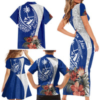 Blue Guam Hafa Adai Family Matching Short Sleeve Bodycon Dress and Hawaiian Shirt Tropical Flowers with Polynesian Pattern LT9 - Polynesian Pride