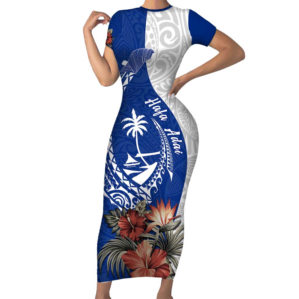 Blue Guam Hafa Adai Family Matching Short Sleeve Bodycon Dress and Hawaiian Shirt Tropical Flowers with Polynesian Pattern LT9 Mom's Dress Blue - Polynesian Pride