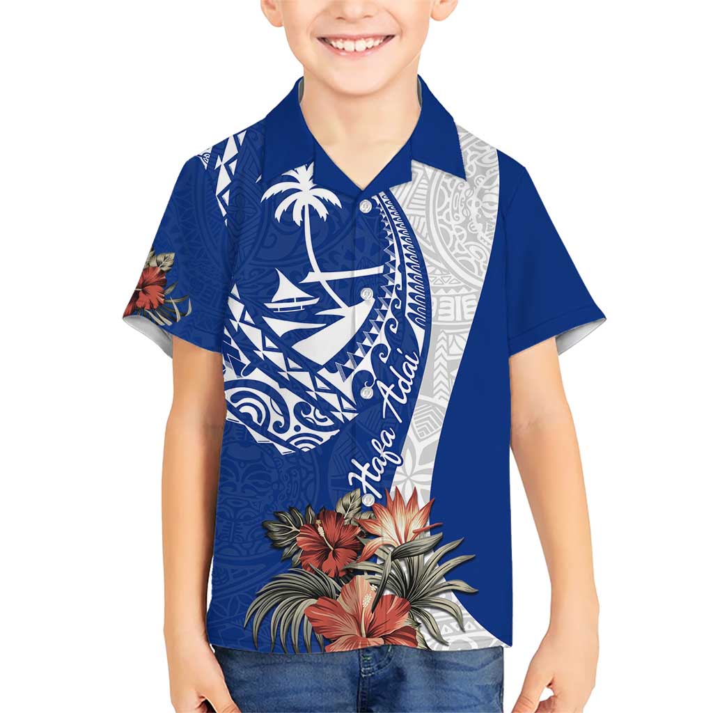Blue Guam Hafa Adai Family Matching Short Sleeve Bodycon Dress and Hawaiian Shirt Tropical Flowers with Polynesian Pattern LT9 Son's Shirt Blue - Polynesian Pride