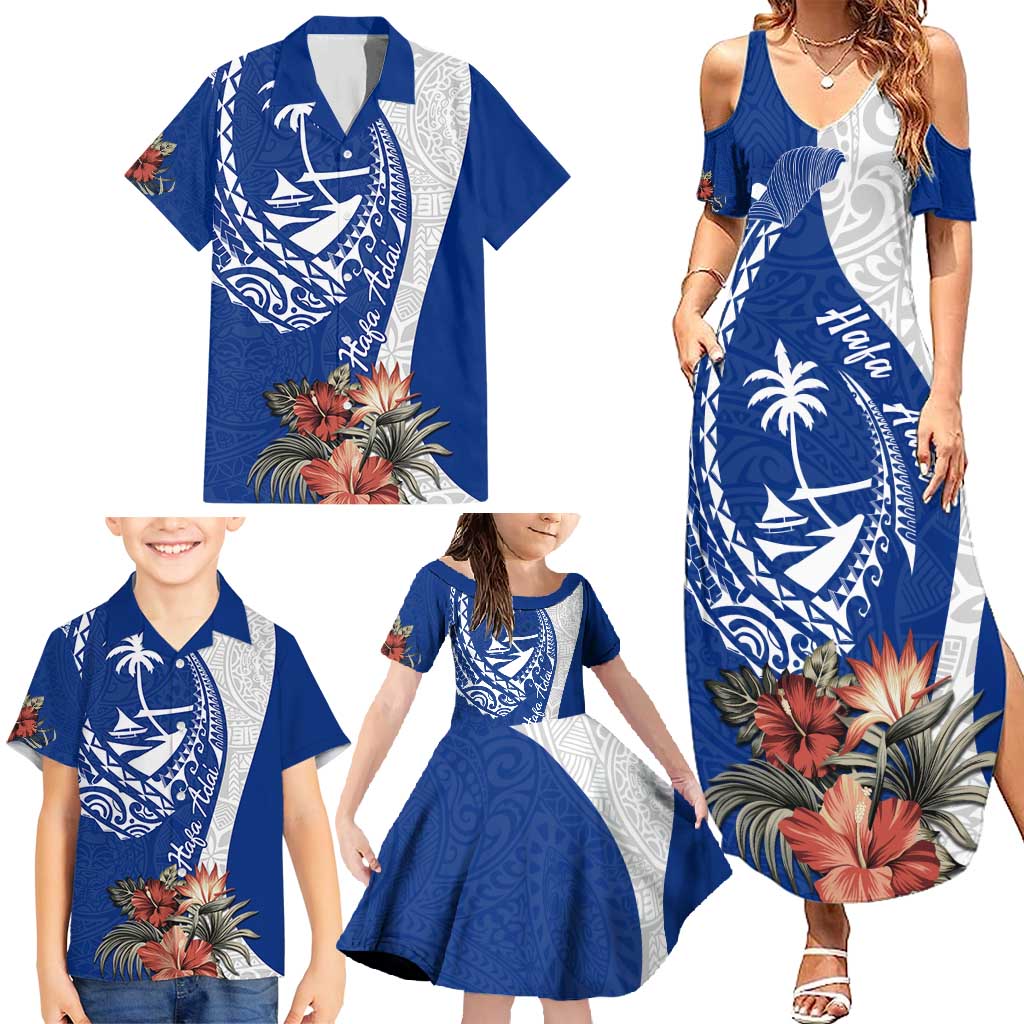 Blue Guam Hafa Adai Family Matching Summer Maxi Dress and Hawaiian Shirt Tropical Flowers with Polynesian Pattern LT9 - Polynesian Pride
