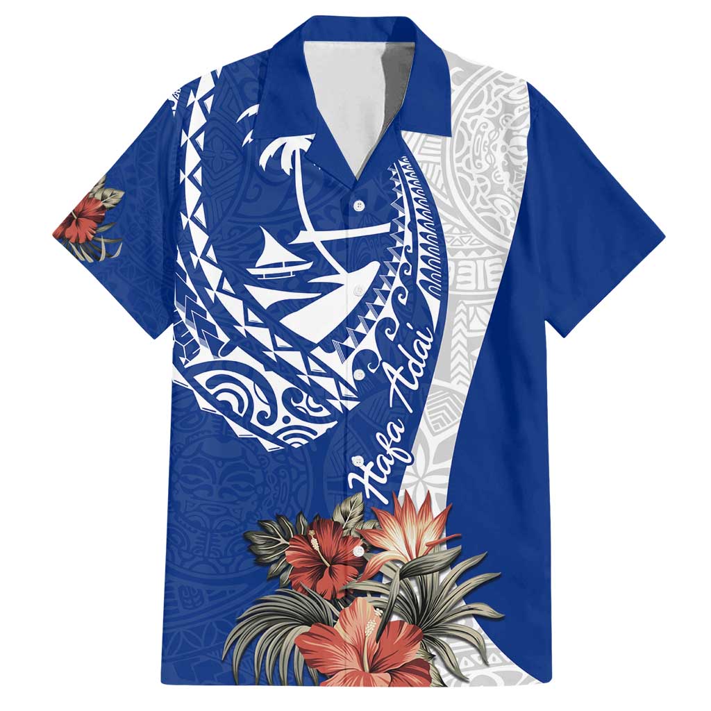 Blue Guam Hafa Adai Family Matching Summer Maxi Dress and Hawaiian Shirt Tropical Flowers with Polynesian Pattern LT9 Dad's Shirt - Short Sleeve Blue - Polynesian Pride