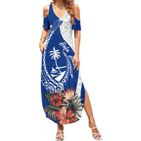 Blue Guam Hafa Adai Family Matching Summer Maxi Dress and Hawaiian Shirt Tropical Flowers with Polynesian Pattern LT9 Mom's Dress Blue - Polynesian Pride