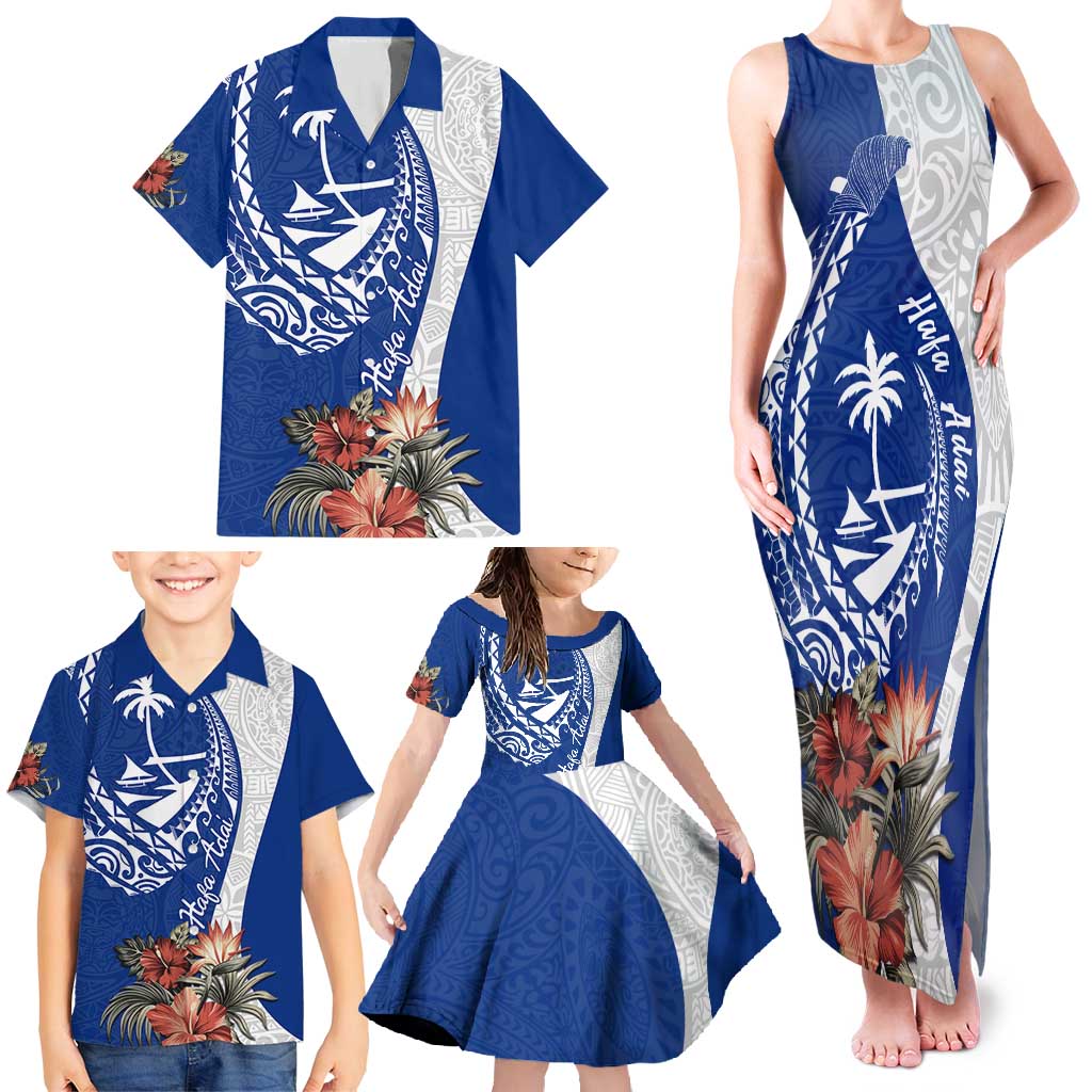 Blue Guam Hafa Adai Family Matching Tank Maxi Dress and Hawaiian Shirt Tropical Flowers with Polynesian Pattern LT9 - Polynesian Pride