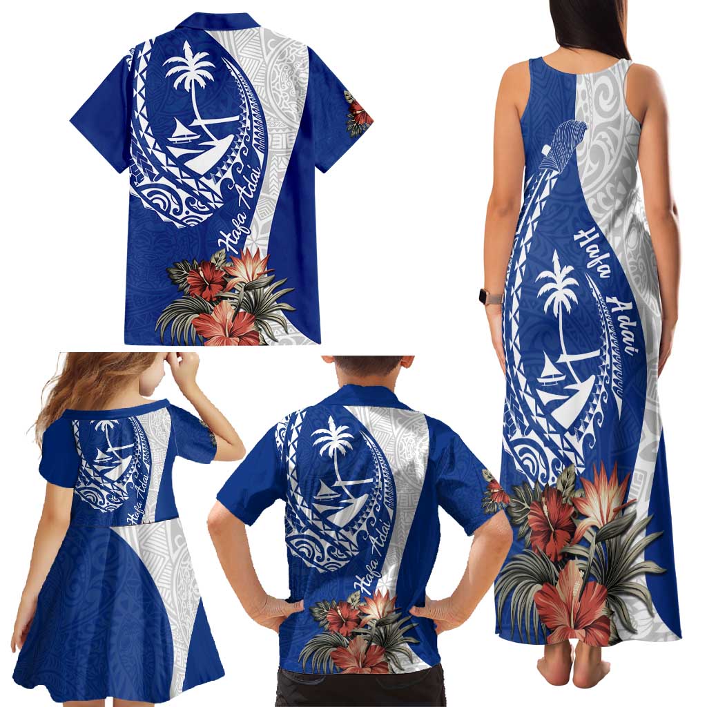 Blue Guam Hafa Adai Family Matching Tank Maxi Dress and Hawaiian Shirt Tropical Flowers with Polynesian Pattern LT9 - Polynesian Pride