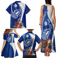 Blue Guam Hafa Adai Family Matching Tank Maxi Dress and Hawaiian Shirt Tropical Flowers with Polynesian Pattern LT9 - Polynesian Pride
