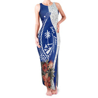 Blue Guam Hafa Adai Family Matching Tank Maxi Dress and Hawaiian Shirt Tropical Flowers with Polynesian Pattern LT9 Mom's Dress Blue - Polynesian Pride