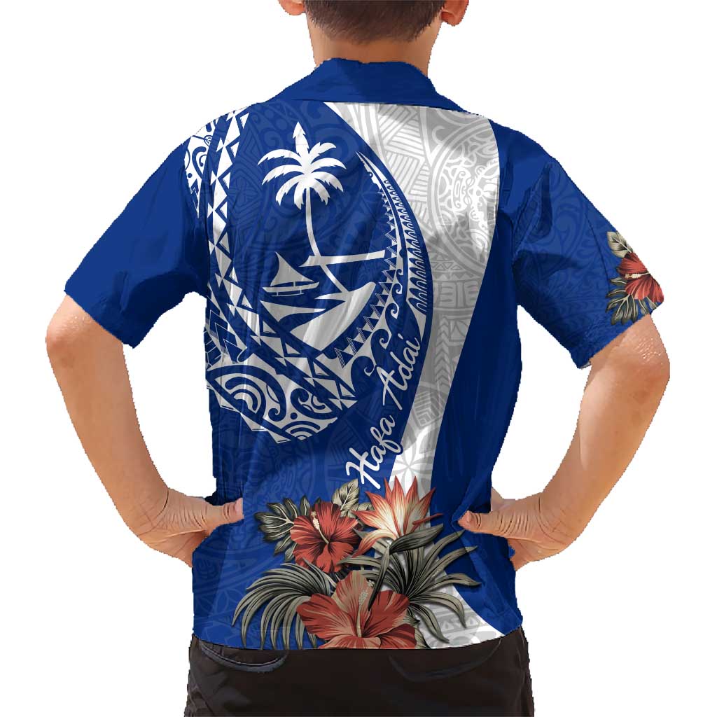 Blue Guam Hafa Adai Hawaiian Shirt Tropical Flowers with Polynesian Pattern