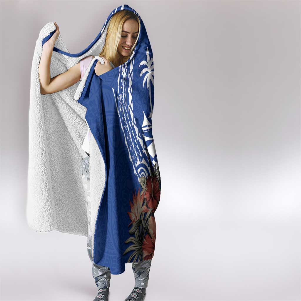 Blue Guam Hafa Adai Hooded Blanket Tropical Flowers with Polynesian Pattern