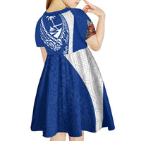 Blue Guam Hafa Adai Kid Short Sleeve Dress Tropical Flowers with Polynesian Pattern