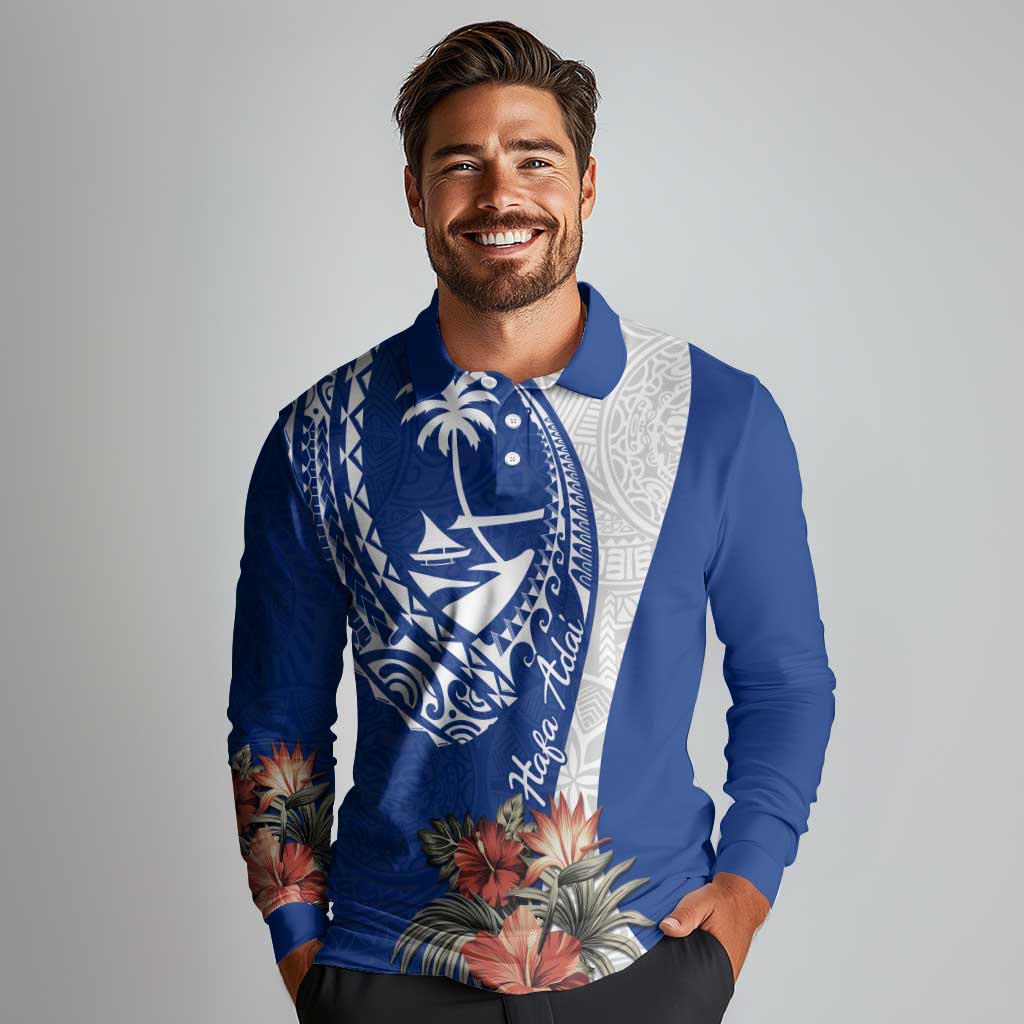 Blue Guam Hafa Adai Long Sleeve Polo Shirt Tropical Flowers with Polynesian Pattern
