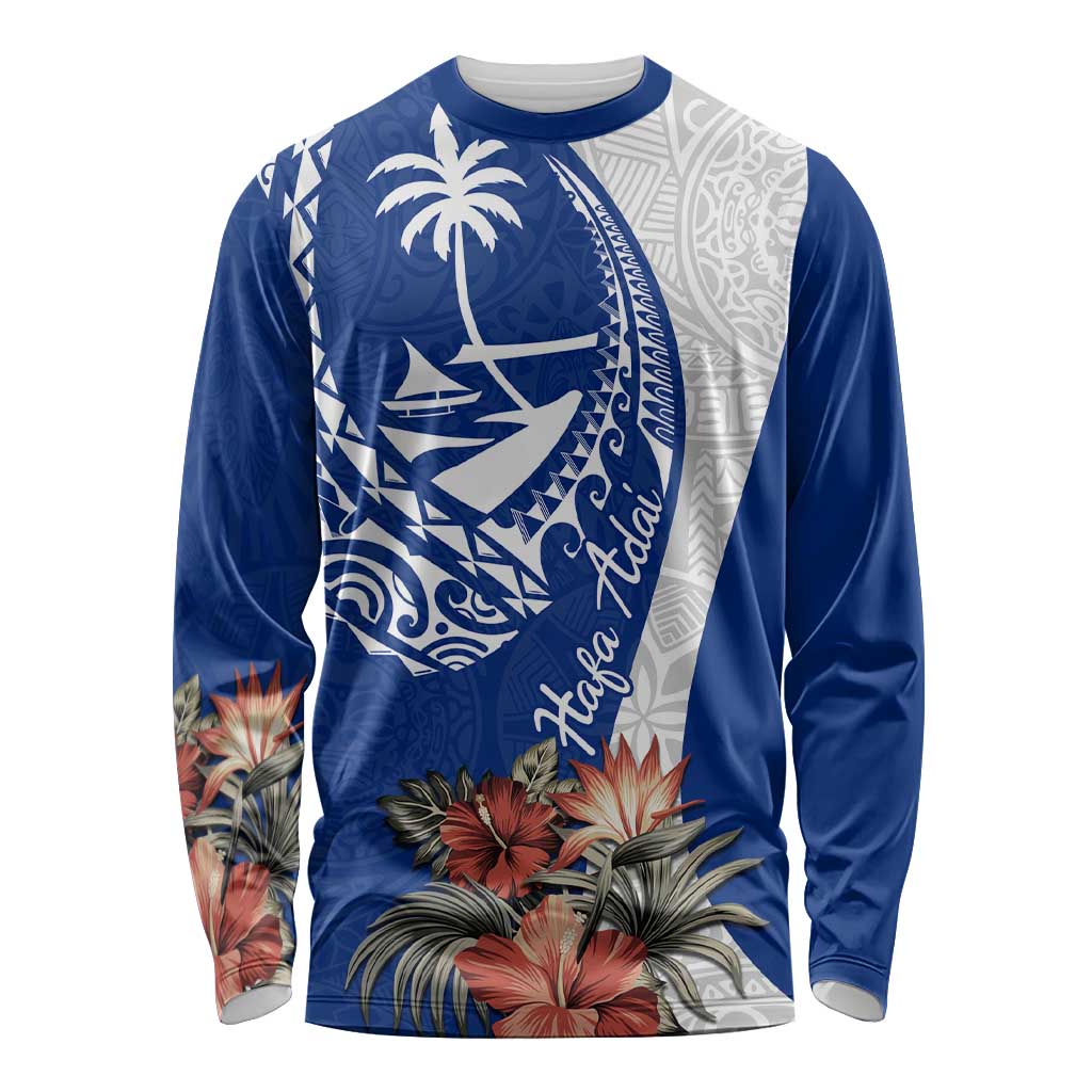 Blue Guam Hafa Adai Long Sleeve Shirt Tropical Flowers with Polynesian Pattern LT9 Unisex Blue - Polynesian Pride