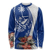 Blue Guam Hafa Adai Long Sleeve Shirt Tropical Flowers with Polynesian Pattern LT9 Unisex Blue - Polynesian Pride