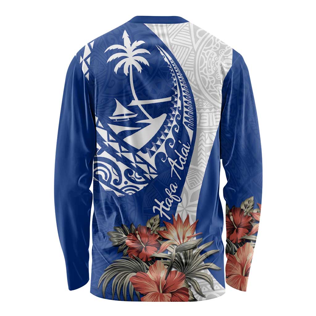 Blue Guam Hafa Adai Long Sleeve Shirt Tropical Flowers with Polynesian Pattern LT9 - Polynesian Pride