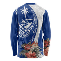 Blue Guam Hafa Adai Long Sleeve Shirt Tropical Flowers with Polynesian Pattern LT9 - Polynesian Pride