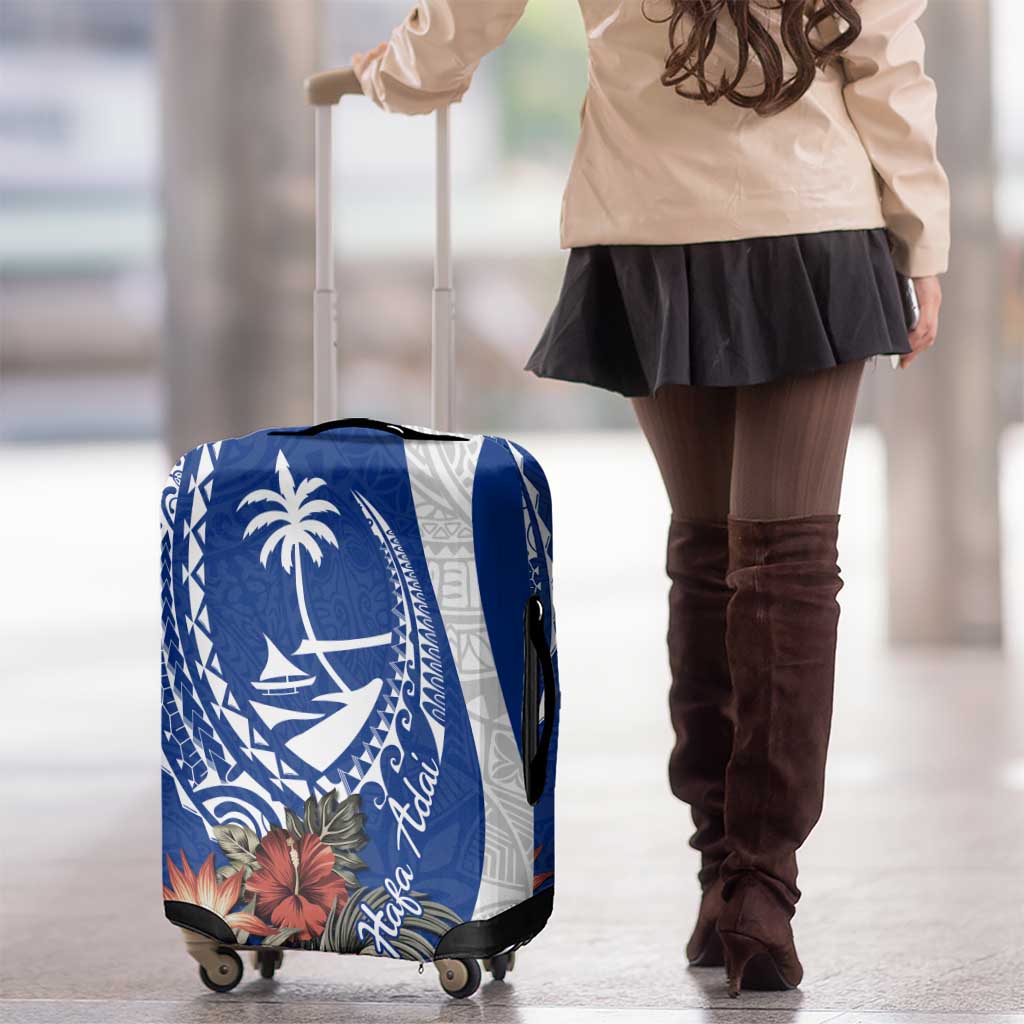 Blue Guam Hafa Adai Luggage Cover Tropical Flowers with Polynesian Pattern