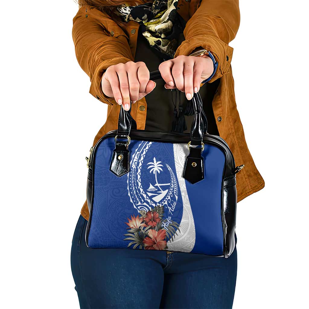 Blue Guam Hafa Adai Shoulder Handbag Tropical Flowers with Polynesian Pattern
