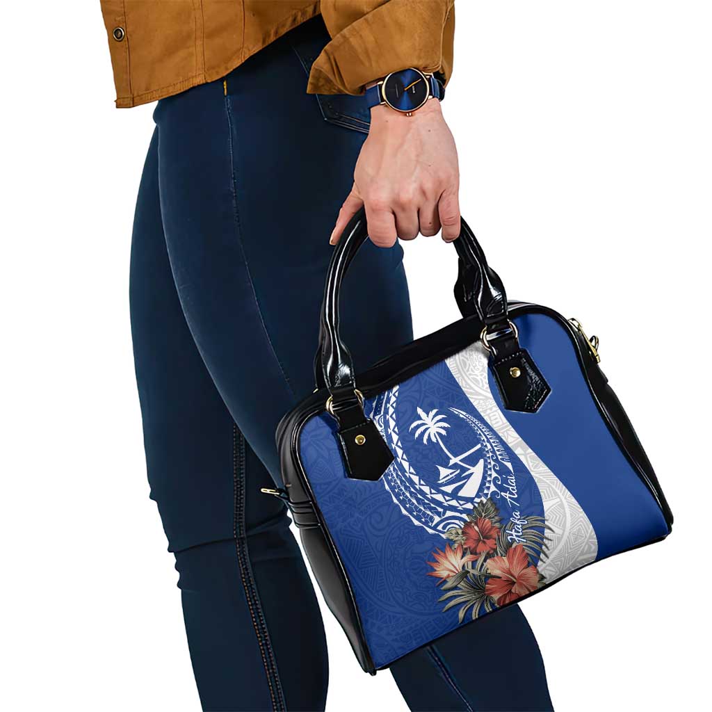 Blue Guam Hafa Adai Shoulder Handbag Tropical Flowers with Polynesian Pattern