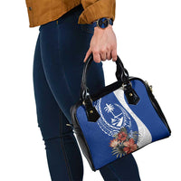 Blue Guam Hafa Adai Shoulder Handbag Tropical Flowers with Polynesian Pattern