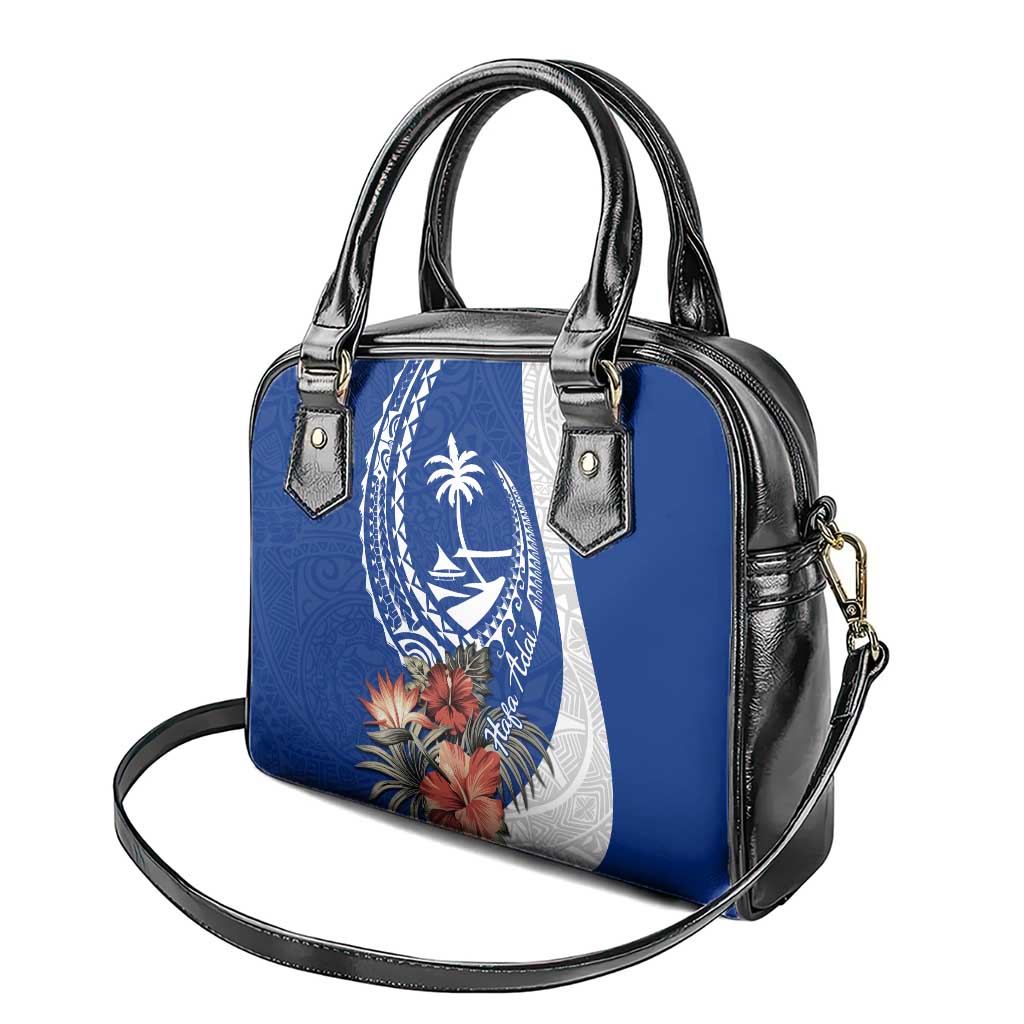 Blue Guam Hafa Adai Shoulder Handbag Tropical Flowers with Polynesian Pattern