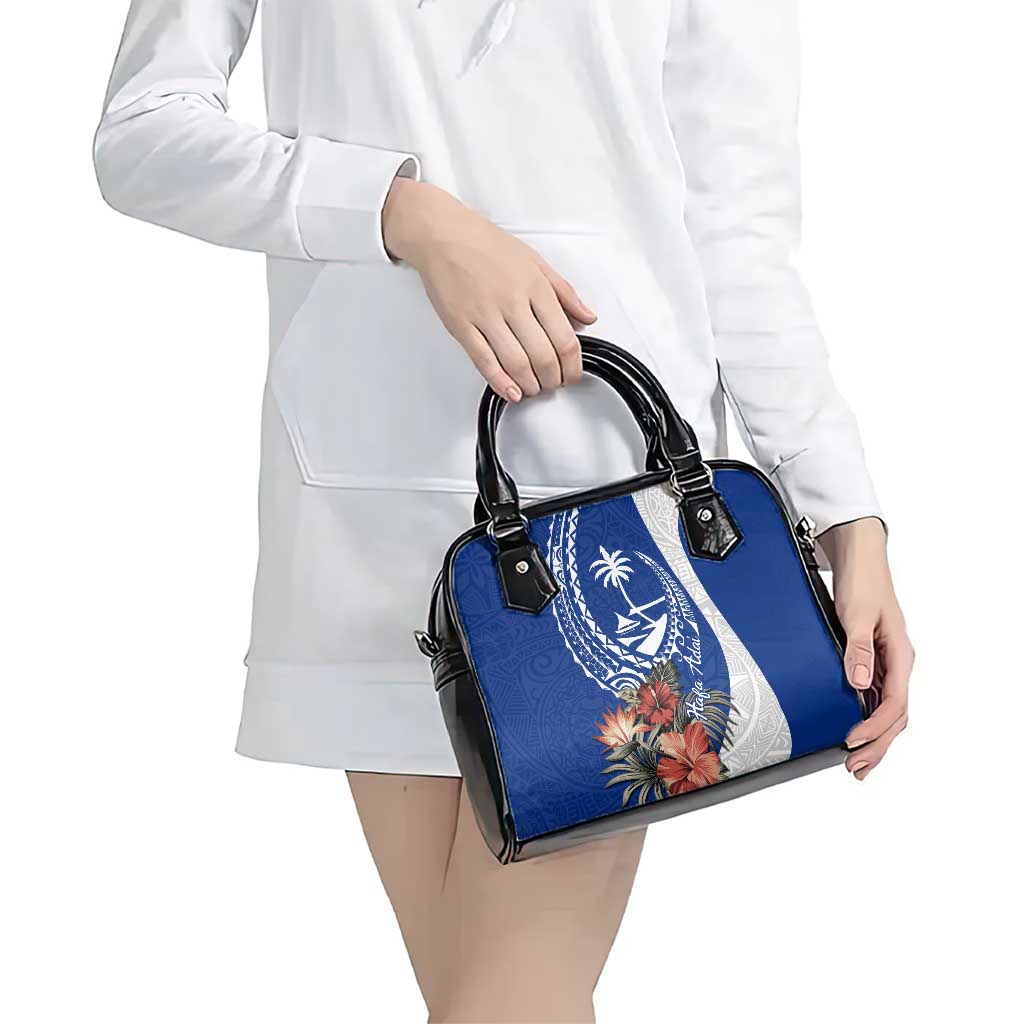 Blue Guam Hafa Adai Shoulder Handbag Tropical Flowers with Polynesian Pattern