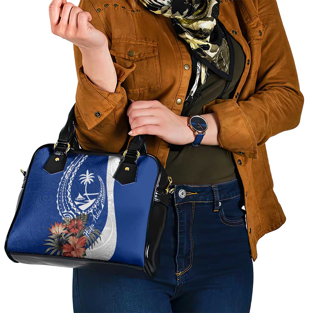 Blue Guam Hafa Adai Shoulder Handbag Tropical Flowers with Polynesian Pattern