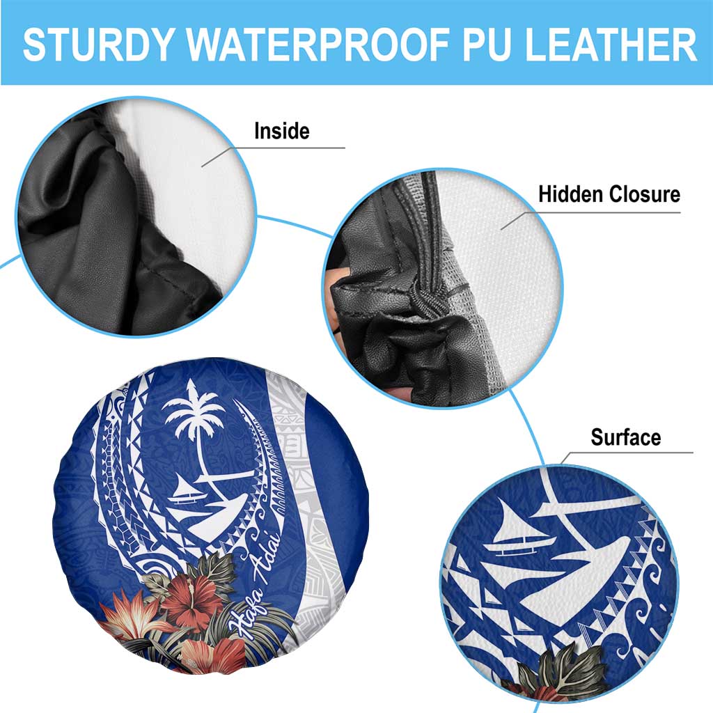 Blue Guam Hafa Adai Spare Tire Cover Tropical Flowers with Polynesian Pattern
