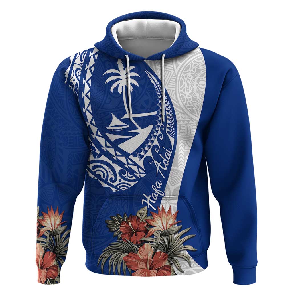 Blue Guam Hafa Adai Zip Hoodie Tropical Flowers with Polynesian Pattern