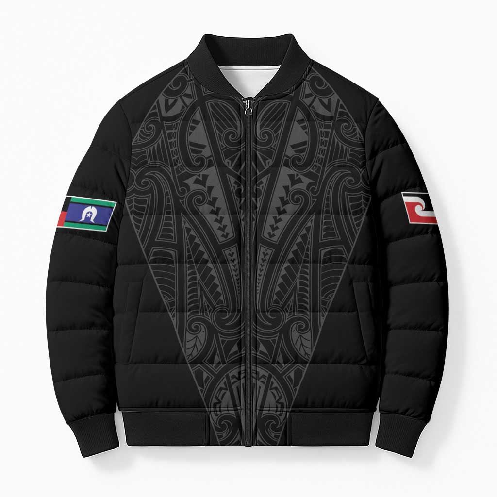 Queensland Maori Rugby Nga Hau e Wha Bomber Puffer Jacket Black Motif LT9 Unisex Black - Polynesian Pride