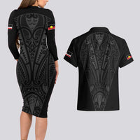 Queensland Maori Rugby Nga Hau e Wha Couples Matching Long Sleeve Bodycon Dress and Hawaiian Shirt Black Motif LT9 - Polynesian Pride