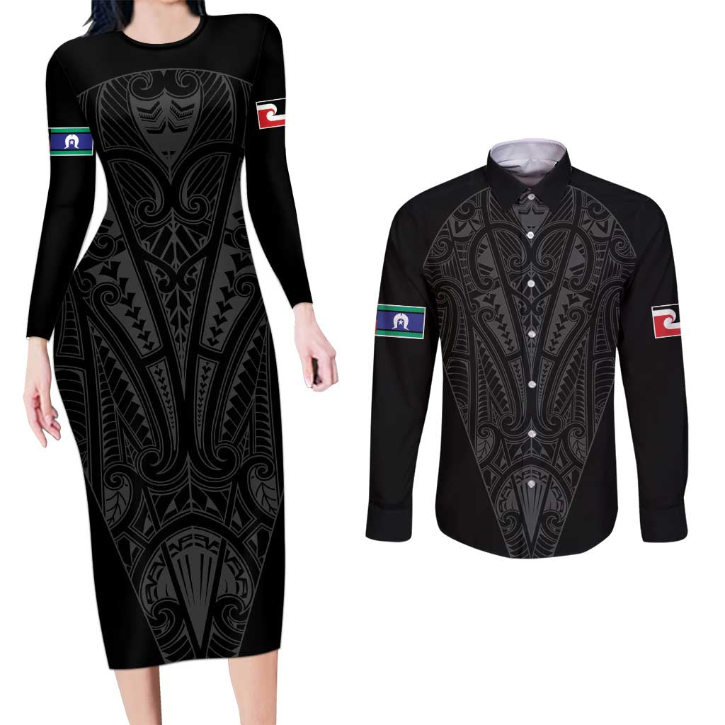 Queensland Maori Rugby Nga Hau e Wha Couples Matching Long Sleeve Bodycon Dress and Long Sleeve Button Shirt Black Motif LT9 Black - Polynesian Pride