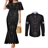 Queensland Maori Rugby Nga Hau e Wha Couples Matching Mermaid Dress and Long Sleeve Button Shirt Black Motif LT9 Black - Polynesian Pride