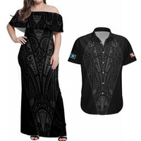 Queensland Maori Rugby Nga Hau e Wha Couples Matching Off Shoulder Maxi Dress and Hawaiian Shirt Black Motif LT9 Black - Polynesian Pride