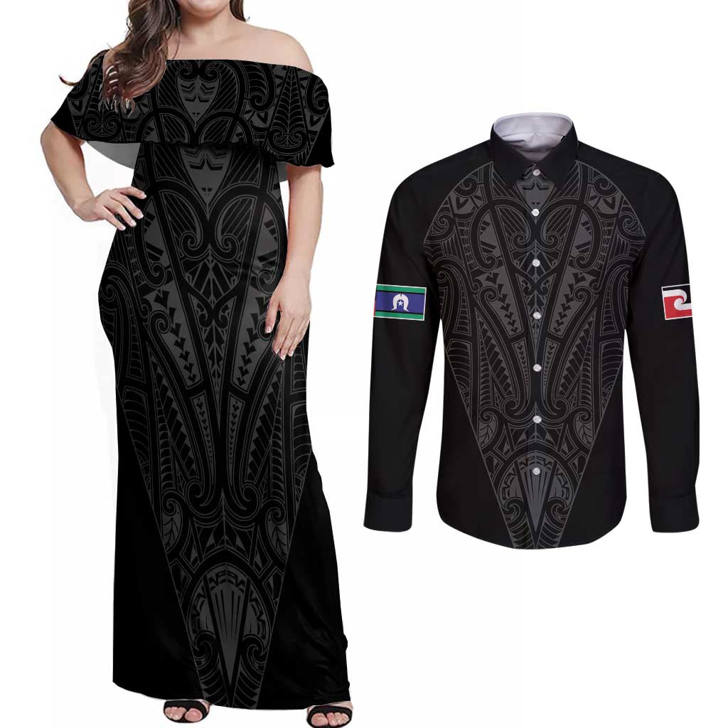 Queensland Maori Rugby Nga Hau e Wha Couples Matching Off Shoulder Maxi Dress and Long Sleeve Button Shirt Black Motif LT9 Black - Polynesian Pride