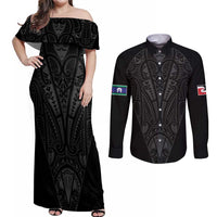 Queensland Maori Rugby Nga Hau e Wha Couples Matching Off Shoulder Maxi Dress and Long Sleeve Button Shirt Black Motif LT9 Black - Polynesian Pride