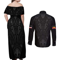Queensland Maori Rugby Nga Hau e Wha Couples Matching Off Shoulder Maxi Dress and Long Sleeve Button Shirt Black Motif LT9 - Polynesian Pride