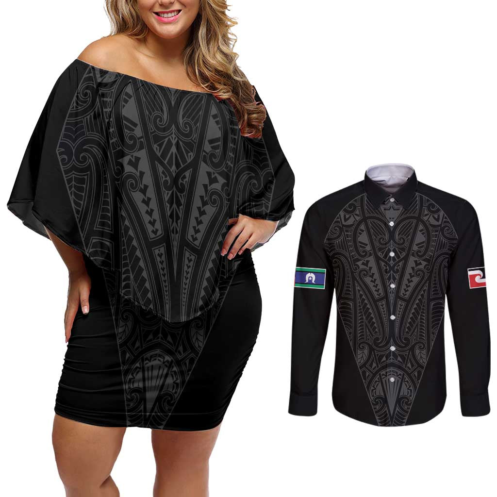 Queensland Maori Rugby Nga Hau e Wha Couples Matching Off Shoulder Short Dress and Long Sleeve Button Shirt Black Motif LT9 Black - Polynesian Pride