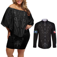 Queensland Maori Rugby Nga Hau e Wha Couples Matching Off Shoulder Short Dress and Long Sleeve Button Shirt Black Motif LT9 Black - Polynesian Pride