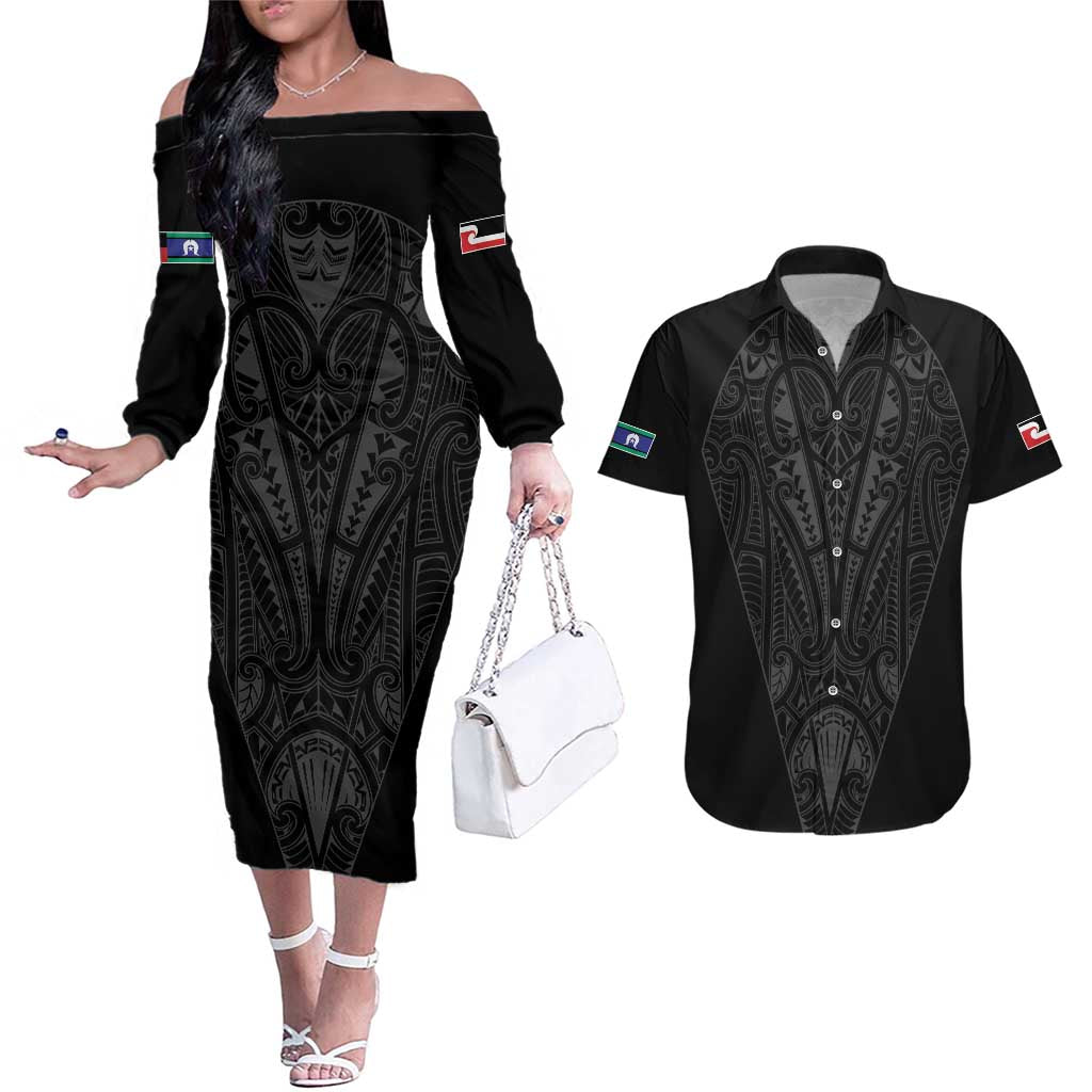 Queensland Maori Rugby Nga Hau e Wha Couples Matching Off The Shoulder Long Sleeve Dress and Hawaiian Shirt Black Motif LT9 Black - Polynesian Pride