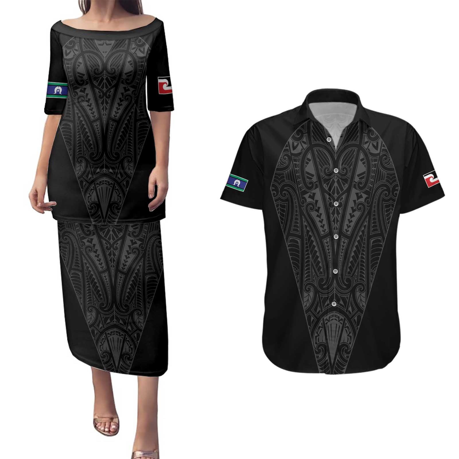 Queensland Maori Rugby Nga Hau e Wha Couples Matching Puletasi and Hawaiian Shirt Black Motif