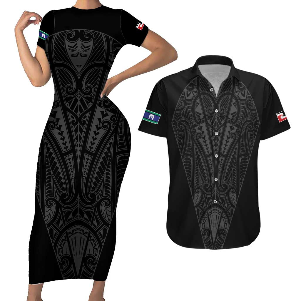 Queensland Maori Rugby Nga Hau e Wha Couples Matching Short Sleeve Bodycon Dress and Hawaiian Shirt Black Motif LT9 Black - Polynesian Pride